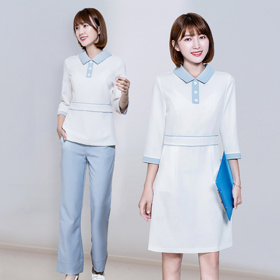 YM005广州工衣定制厂家_美容院工作服定做2019新款_月子中心SPA美容师服装女套装定制医院门诊药店护士服定做生产工厂