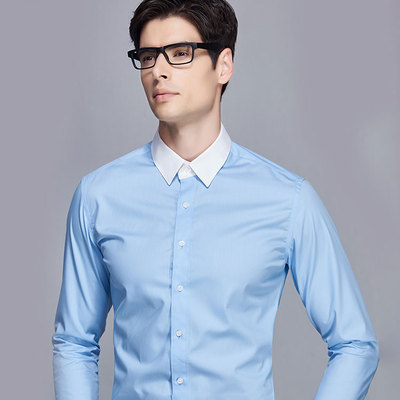 NC15团体定制异色领长袖衬衫男士韩版免烫修身职业商务寸衫男正装白衬衫