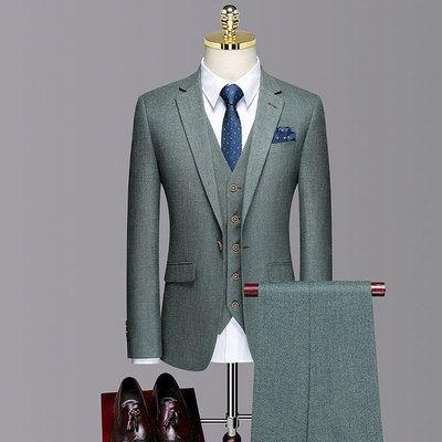 D33WM休闲西服套装男士三件套韩版修身灰色英伦风商务职业正装定制西装