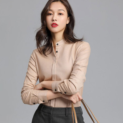 NV124团体定制秋装衬衫女2018新款小立领磨毛衬衣韩范长袖职业早秋上衣