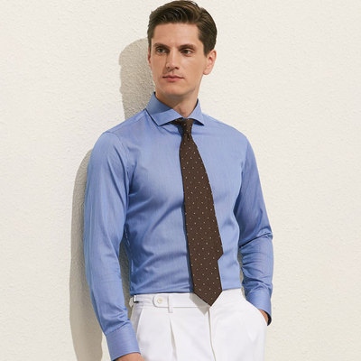 NC24团体定制蓝色条纹一字领衬衫长袖商务休闲上班全棉修身免烫衬衣