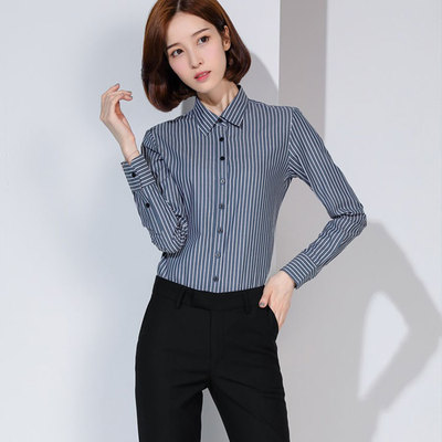 NV128团体定制竖条纹衬衫女装长袖秋冬内搭新款修身职业衬衣韩版打底上衣